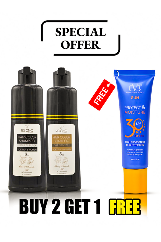 LIMITED OFFER BUY 2 REGNO HAIR COLOR SHAMPOO & GET CVB SUNSCREEN SPF30 FREE