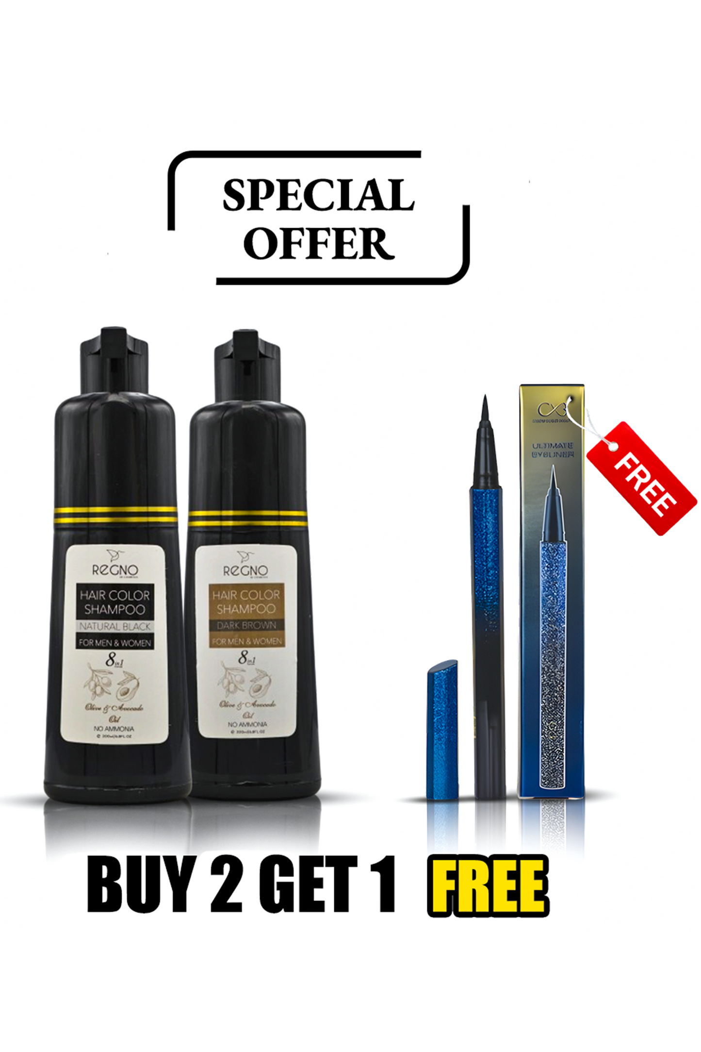 LIMITED OFFER BUY 2 REGNO HAIR COLOR SHAMPOO & GET BLACK ULTIMATE WATERPROOF EYELINER