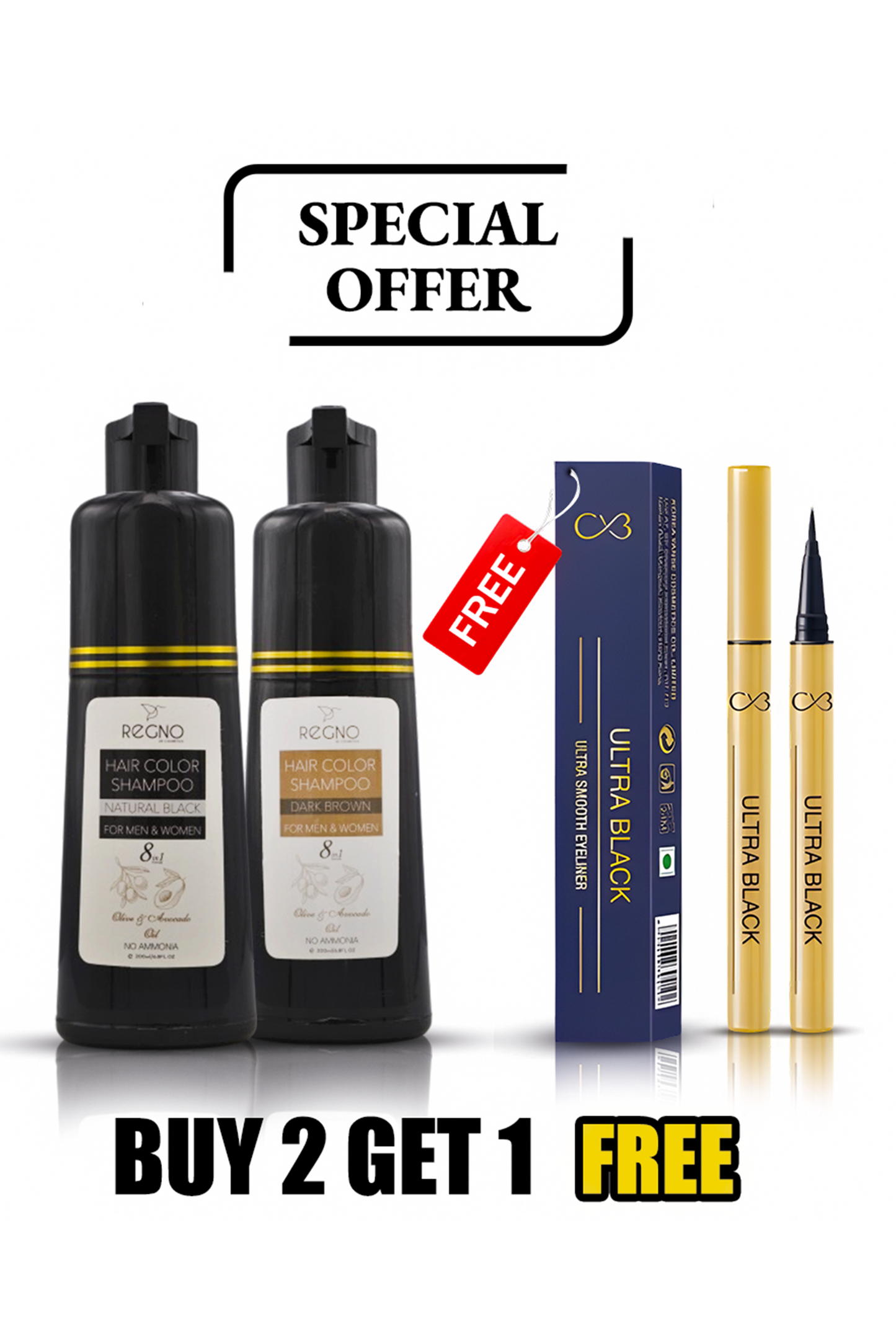 LIMITED OFFER BUY 2 REGNO HAIR COLOR SHAMPOO & GET ULTRA BLACK EYELINER FREE