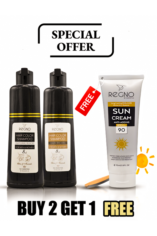 LIMITED OFFER BUY 2 REGNO HAIR COLOR SHAMPOO & GET SUN CREAM 90 SPF FREE